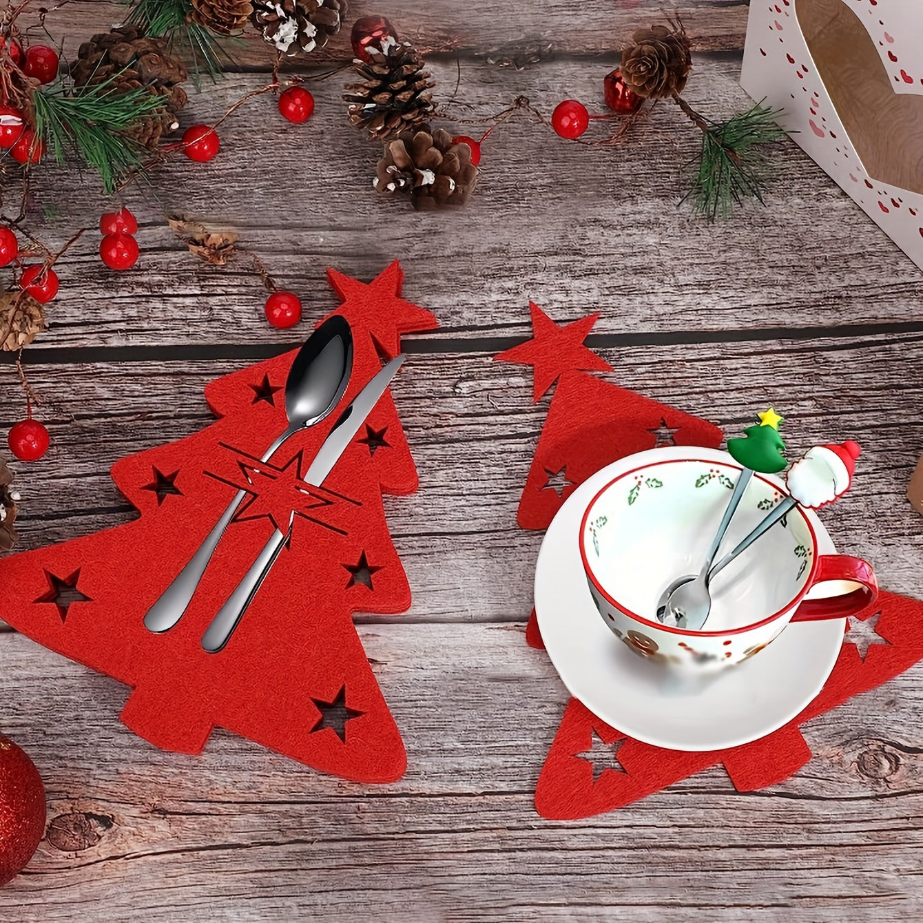 12pc Felt Mini Christmas Trees for Table Decor, Fork and Spoon Bag