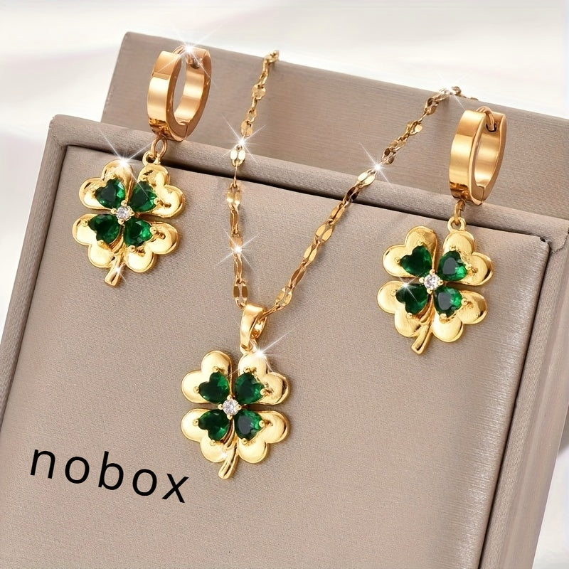 Set of 3 Gold-Tone Stainless Steel Clover Pendant Necklaces and Earrings with Cubic Zirconia and Emerald Stones Unisex Jewelry