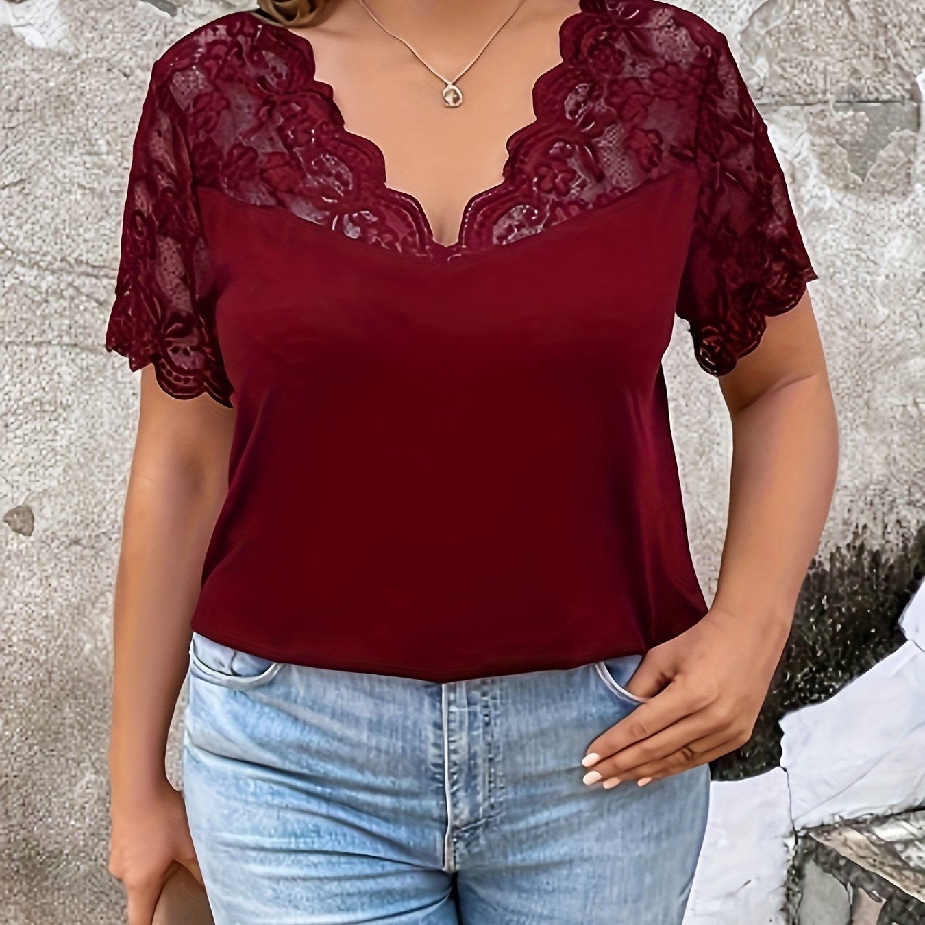 Plus Size Lace Stitching V Neck T-Shirt Women Short Sleeve Casual Top