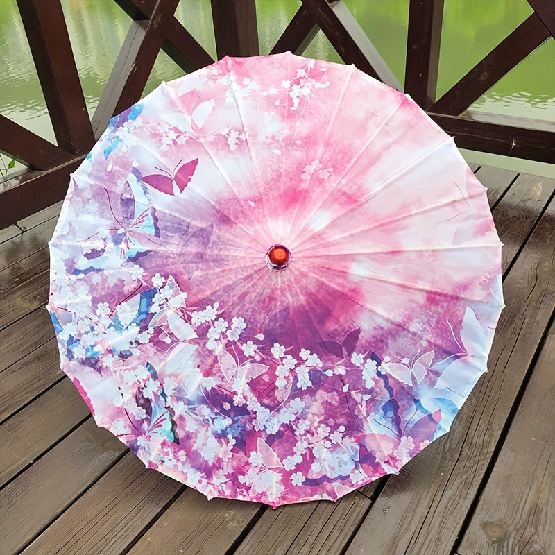 Chinese Cherry Blossom Parasol Umbrella with Bamboo Handle for Sun Rain Protection Weddings Parties