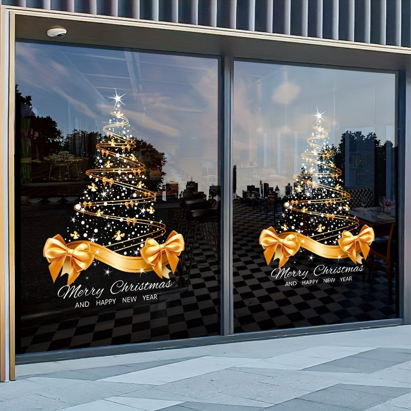 Festive Golden Christmas Tree Static Cling Sticker Waterproof PVC Holiday Decor