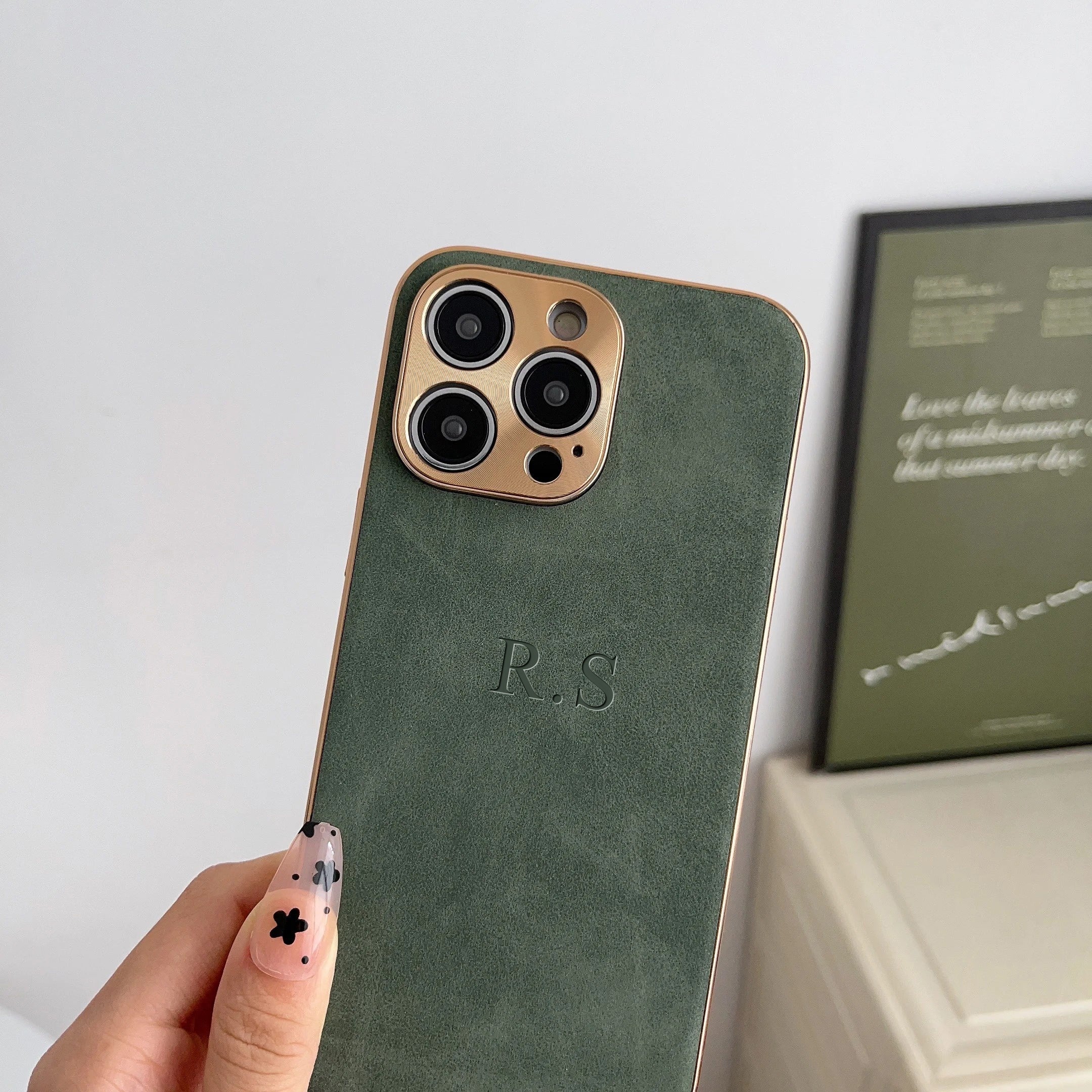 Personalized Shockproof iPhone Case with 3D Embossed Initials and Faux Leather Bumper for Models 11-16