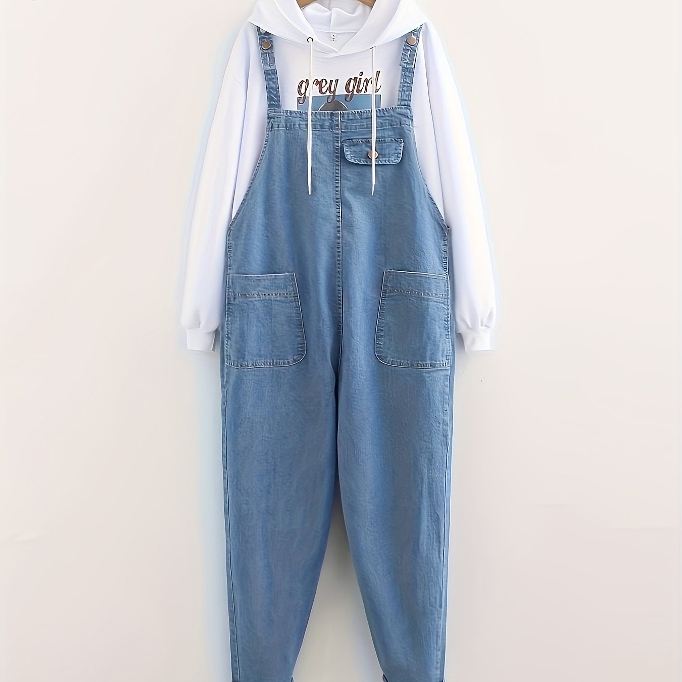 Women's Plus Size Light Blue Denim Overalls with Adjustable Straps and Front Pockets