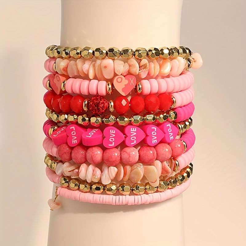 Multi-Layer Boho Chic Bracelet with Pink Heart Faux Stone Beads for Women