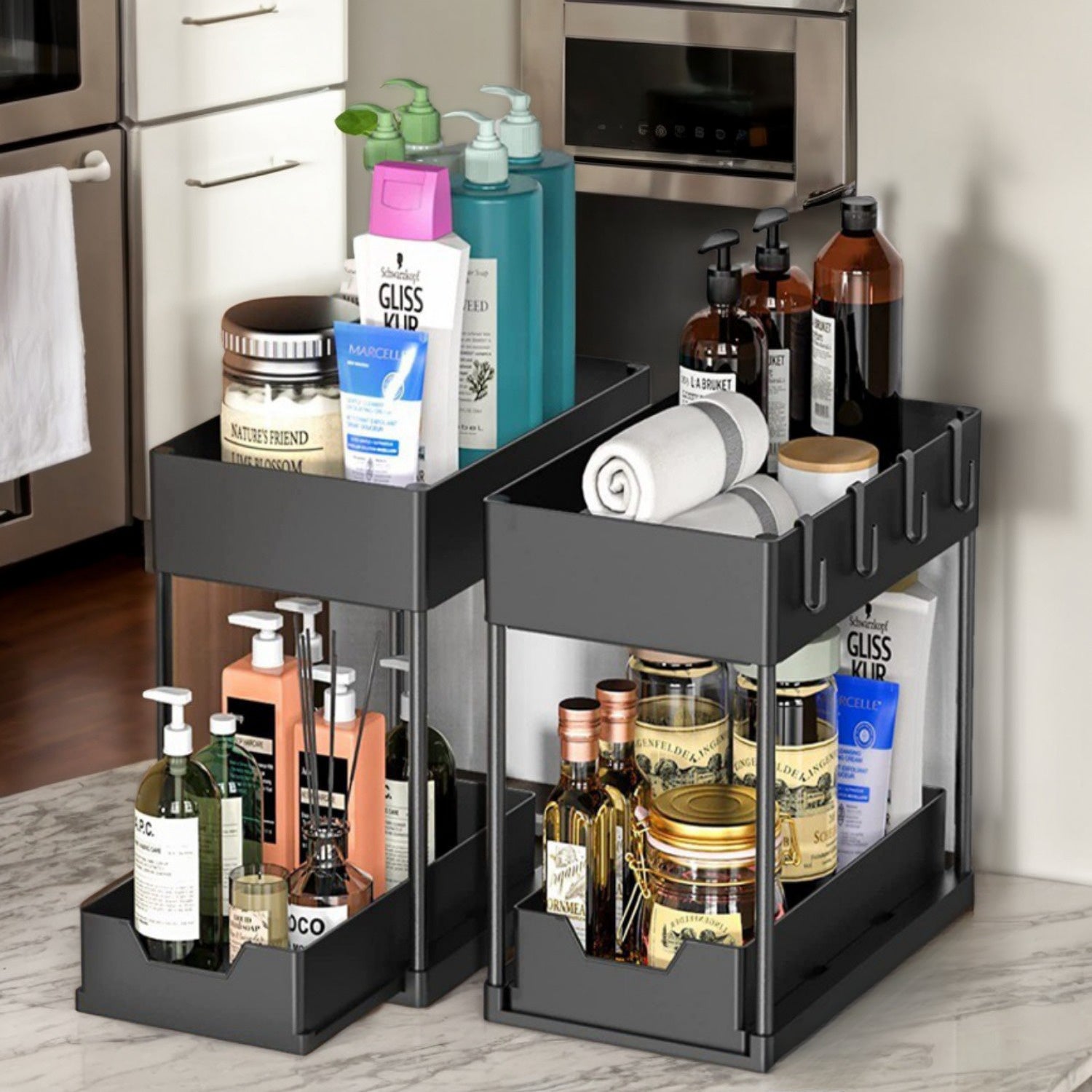 Two-Tier Pull-Out Sink Organizer with Hooks Plastic Kitchen Bathroom Storage Basket