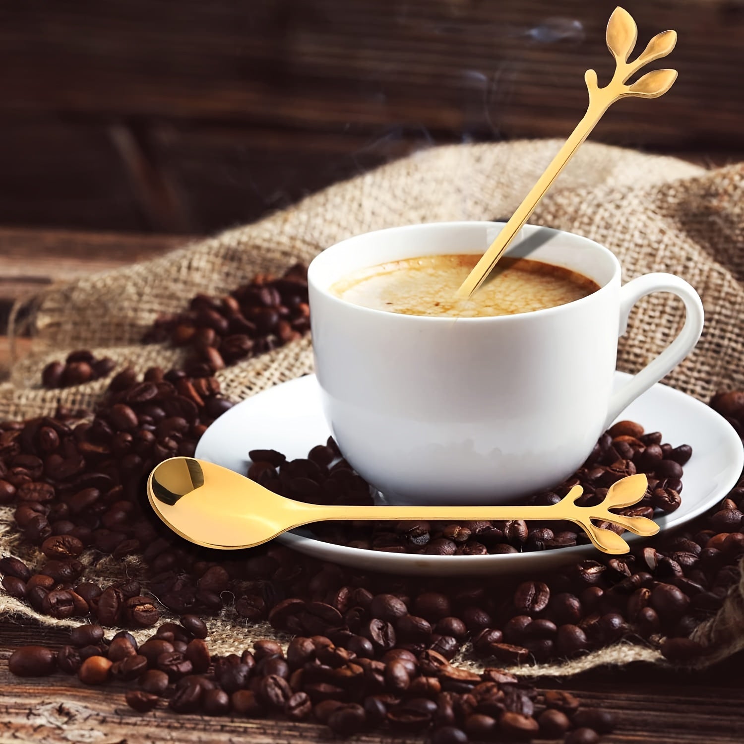 Golden Stainless Steel Spoon Set with Leaf Accents Dishwasher Safe for Stirring Fruit and Appetizers