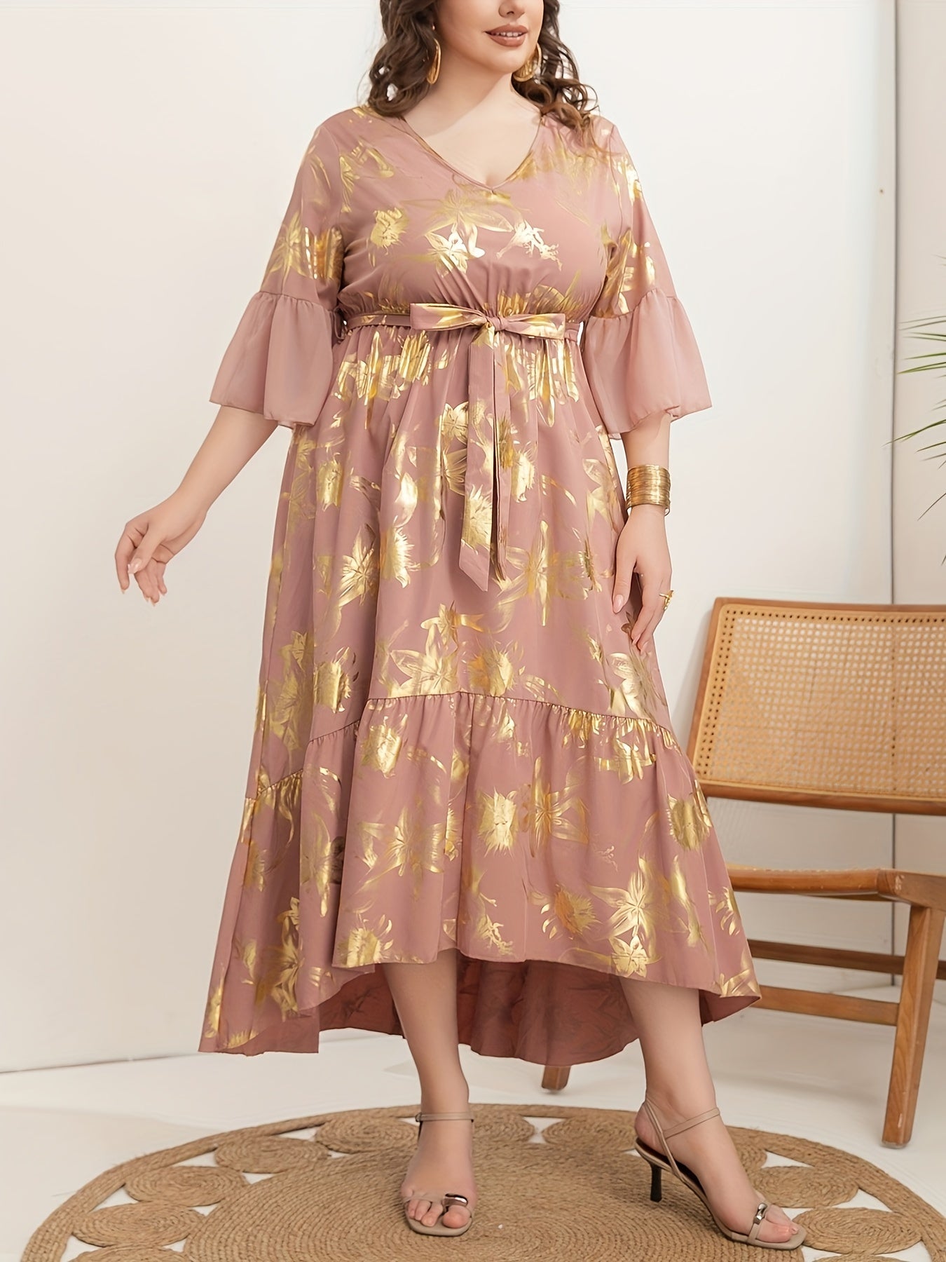 Vestido túnica de mujer talla grande con escote en V, poliéster, para todas las estaciones, tejido con cinturón