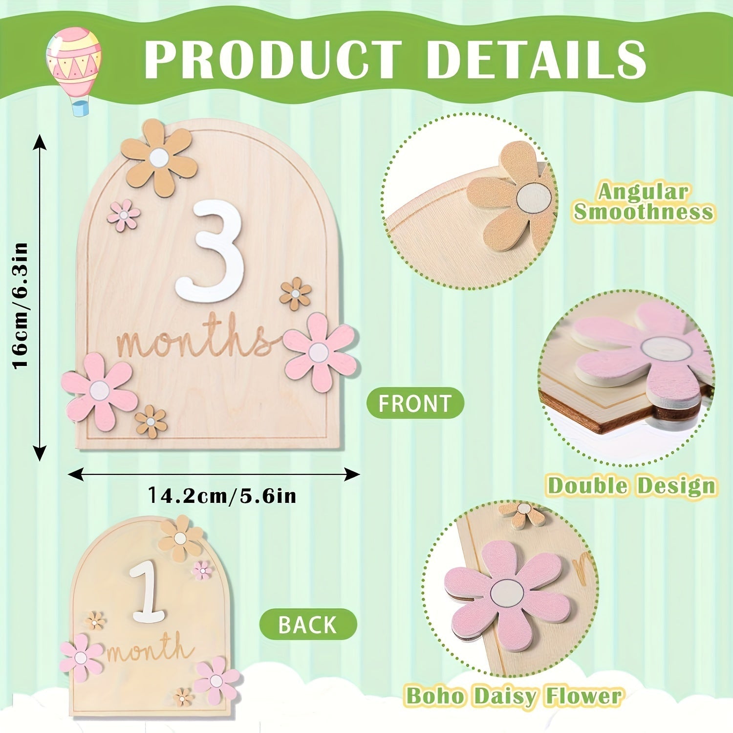 Wooden Milestone Cards Set for Baby Growth Tracking with Floral Design 1-12 Months