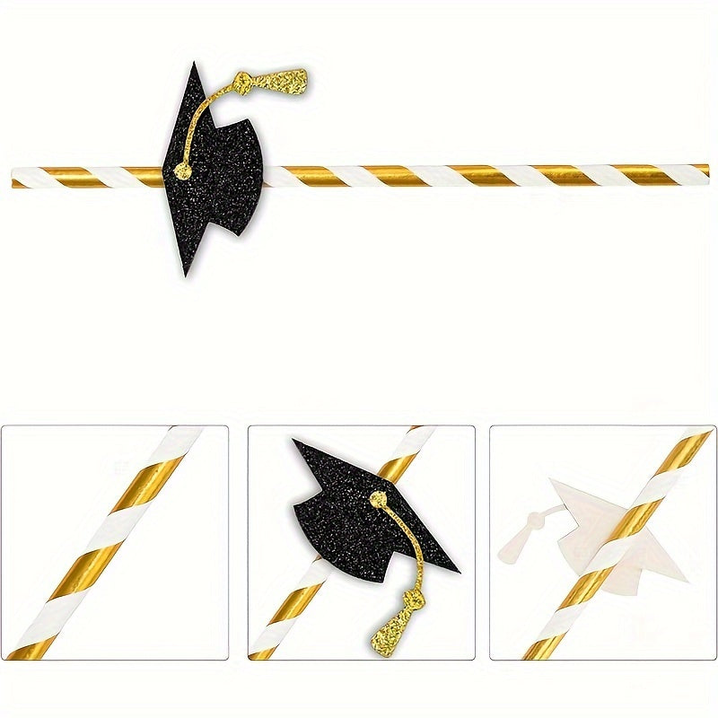 12 Graduation Cap Paper Straws with Gold Foil Accents for Parties