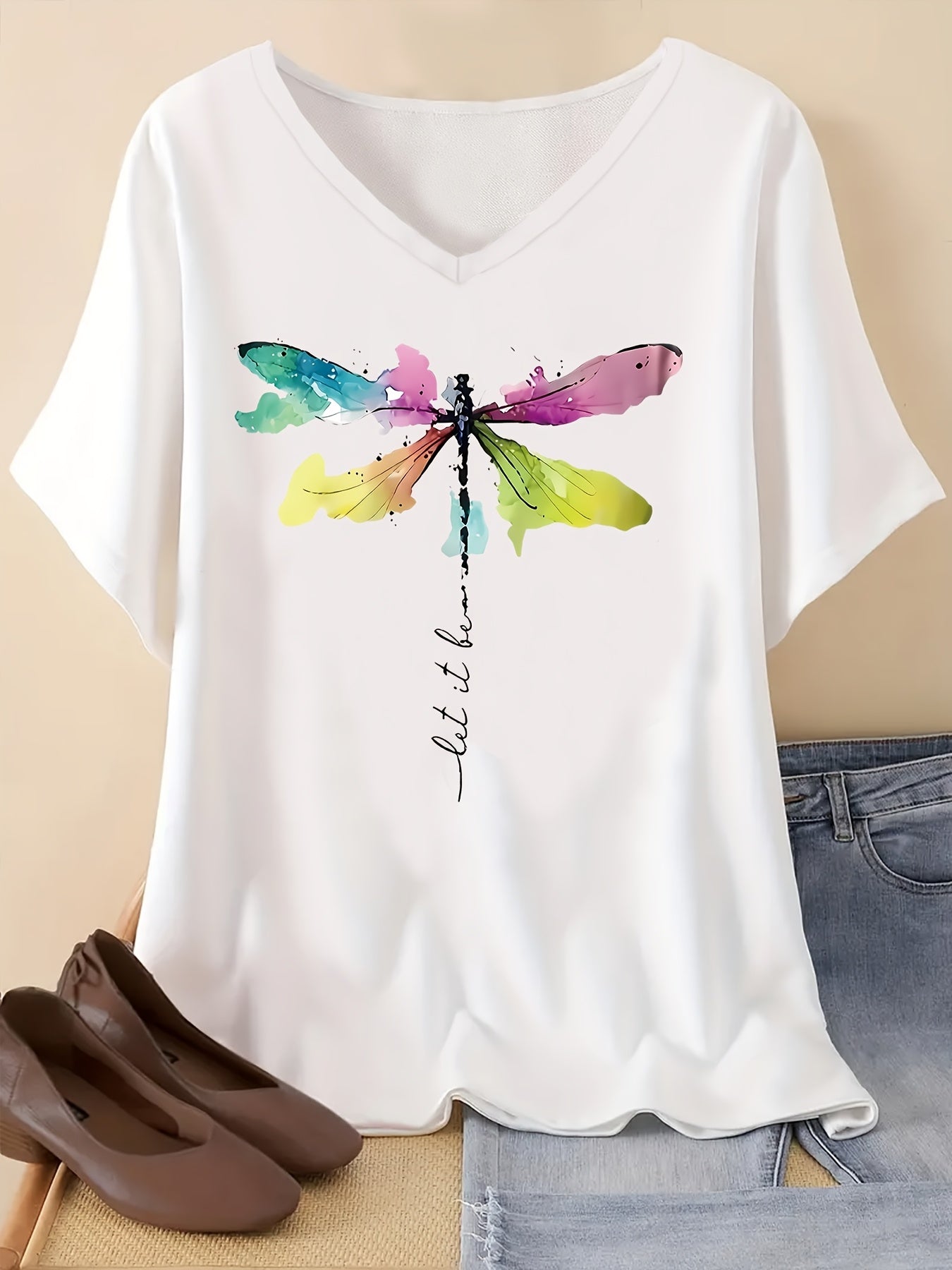 Ayollar uchun katta o'lcham V-yengli T-shirt, akvarel uslubidagi sharsimon chayon bosma, qisqa yengli