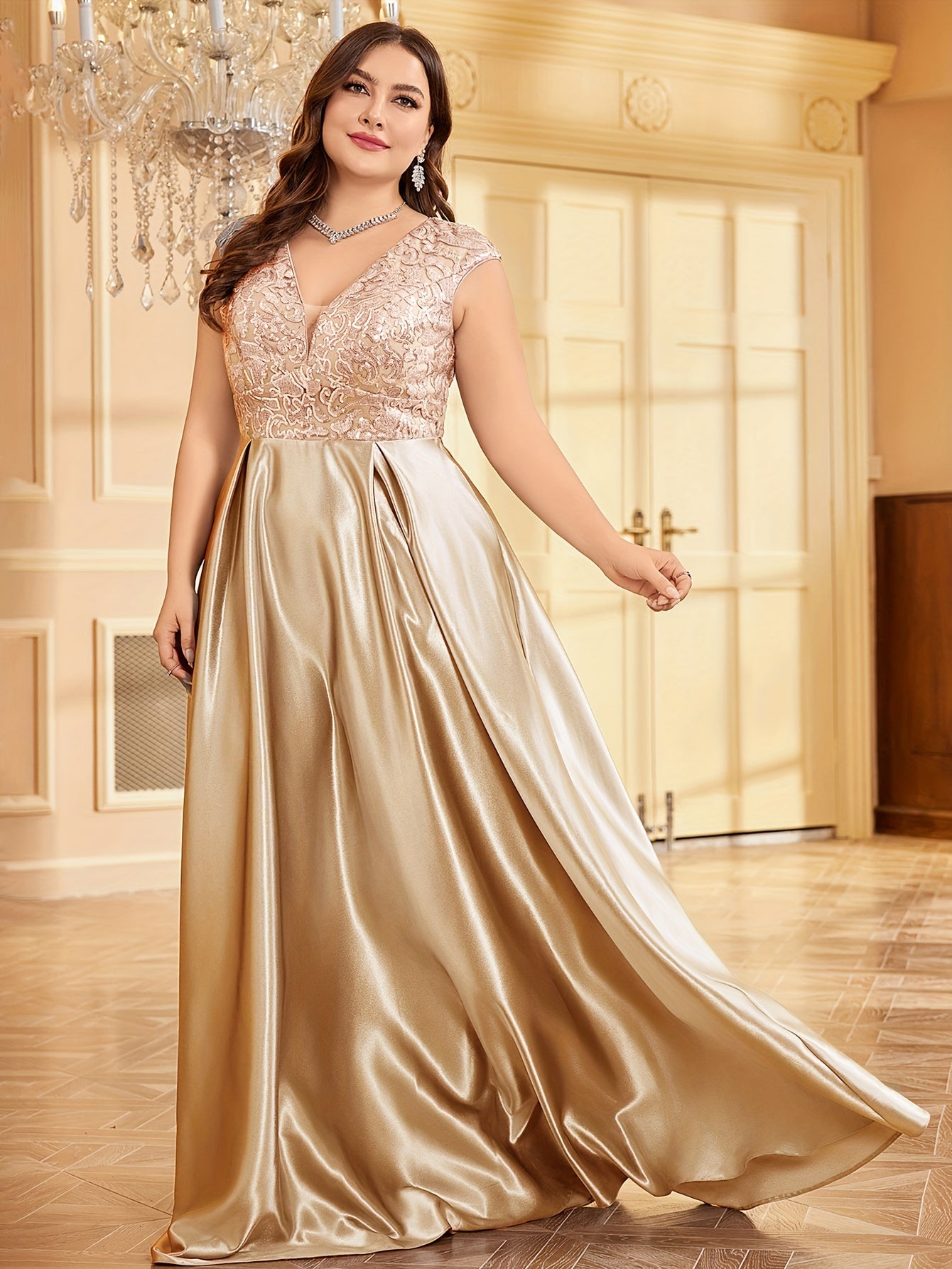 Plus Size Sequin Evening Dress Maxi Party Dress Slit Cocktail Gown