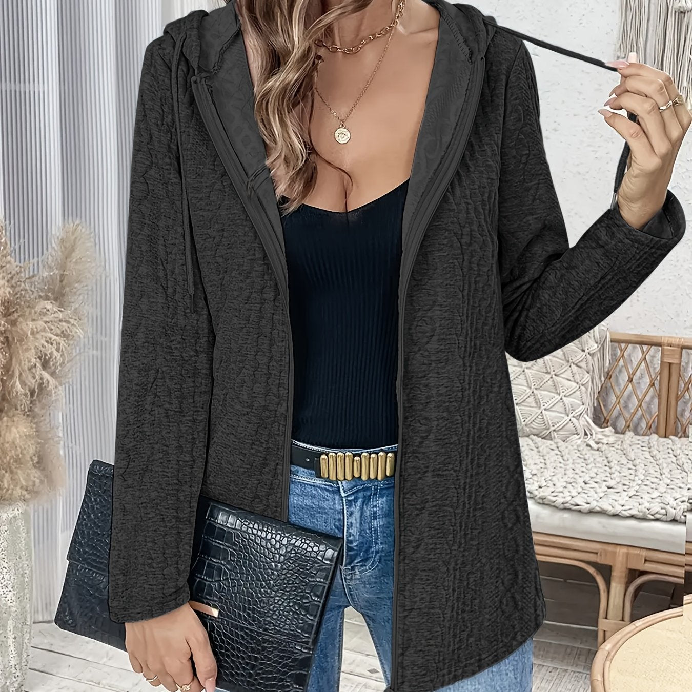 Women's Knit Zip Hoodie Sweater Solid Color Casual Pullover with Zipper