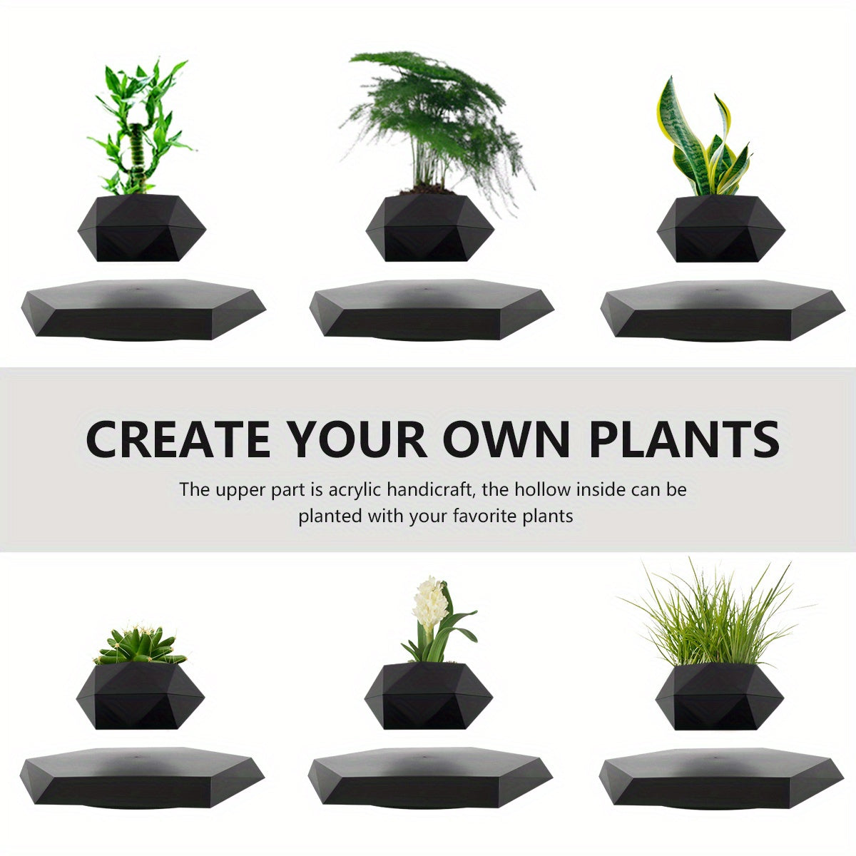 Magnetic Levitating Mini Rotating Flower Pot Black Floating Plant Pot for Office Home Garden