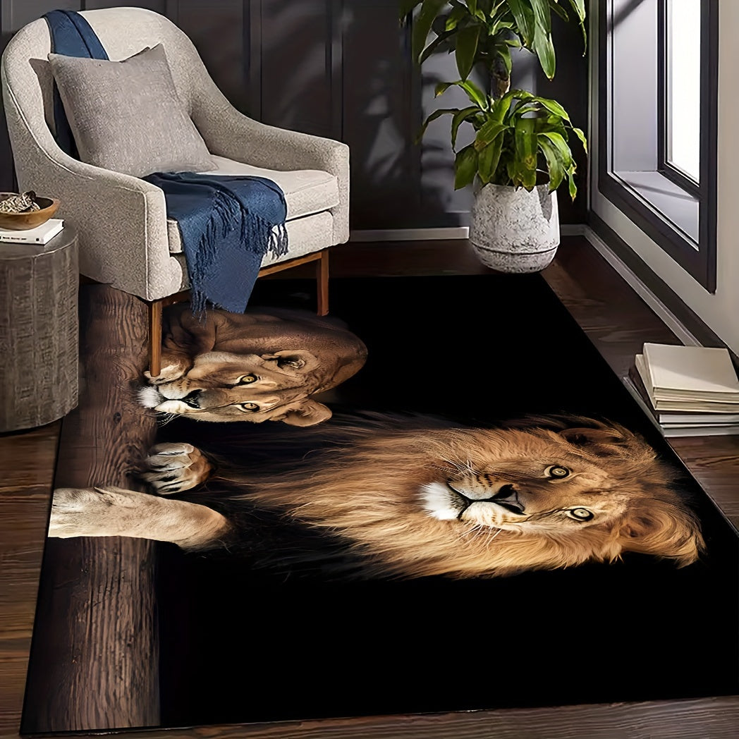 Luxurious Crystal Velvet Area Mat with Double Lion Design, Anti-Slip, Machine Washable