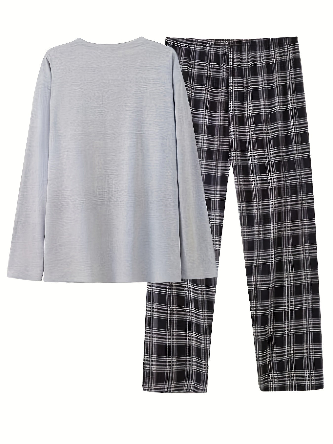 Men's Sleepwear Set Long Sleeve Crew Neck Top and Plaid Pants All-Season Knit Polyester Spandex