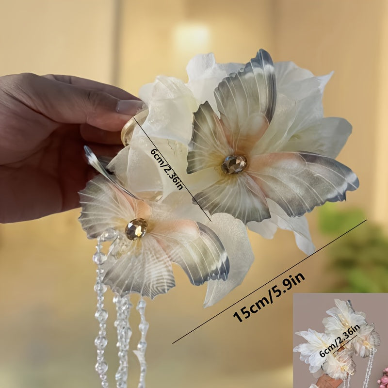 Stylish Blue and White Butterfly Tassel Hair Claw Boho Oversized Shark Clip