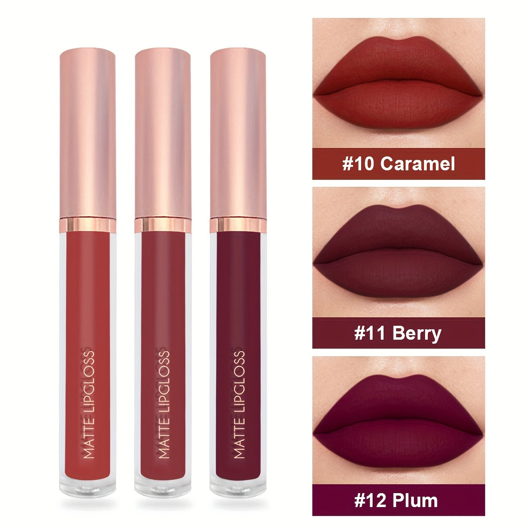 3-Piece Matte Lipstick Set Waterproof Long-Lasting Velvety Lip Gloss for Women