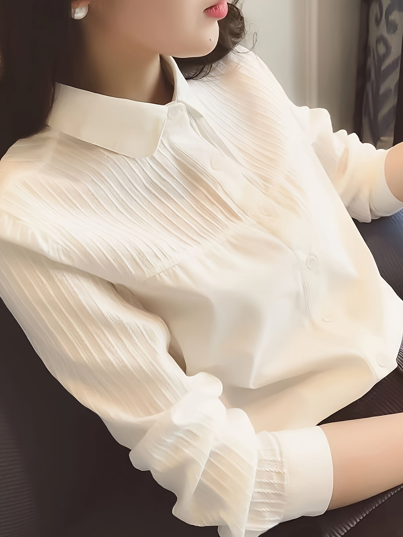 White Women's Solid Color Woven Polyester Shirt with Lapel Collar