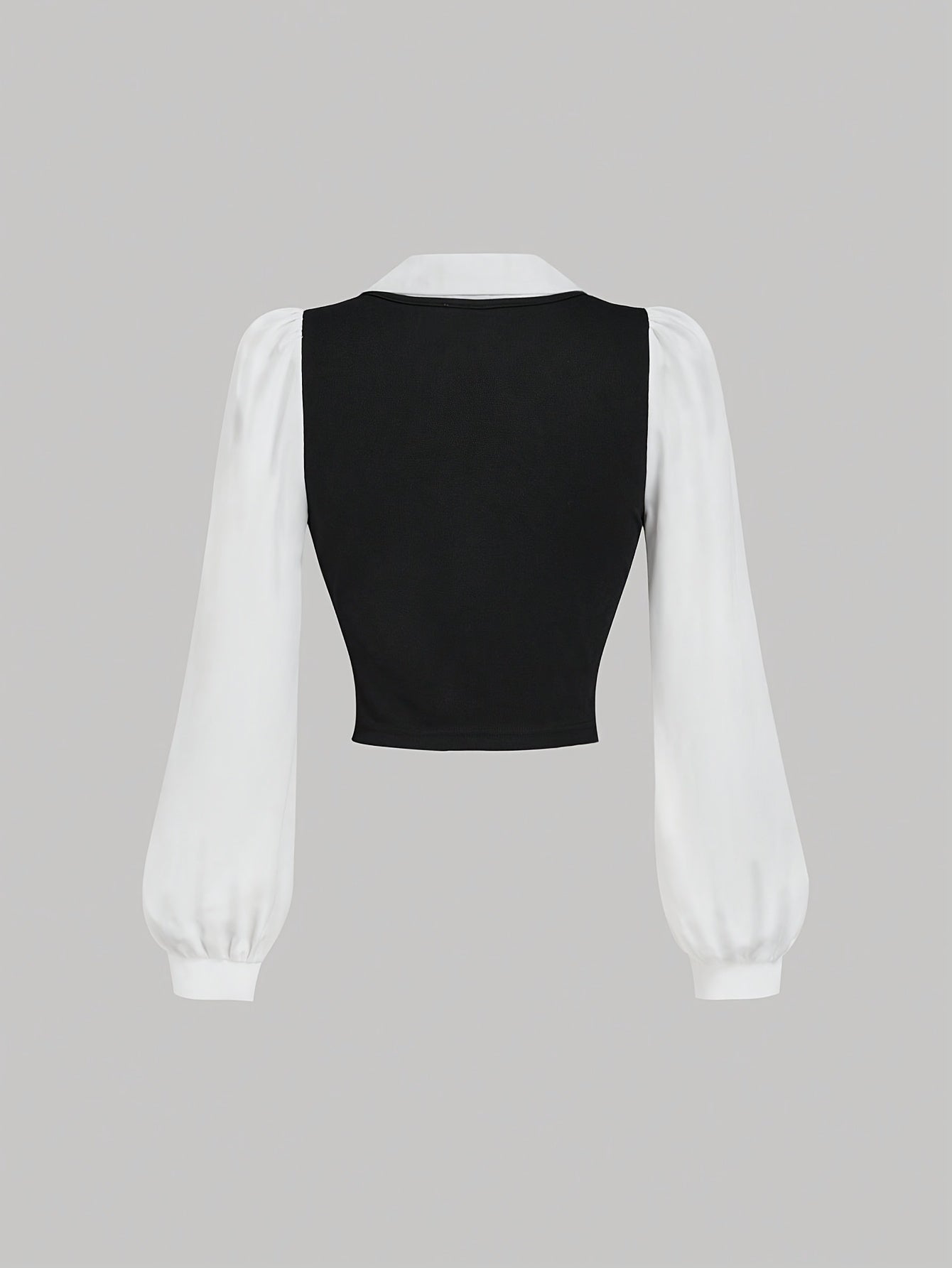Women's Black and White Patchwork Blouse with Collar and Long Sleeves