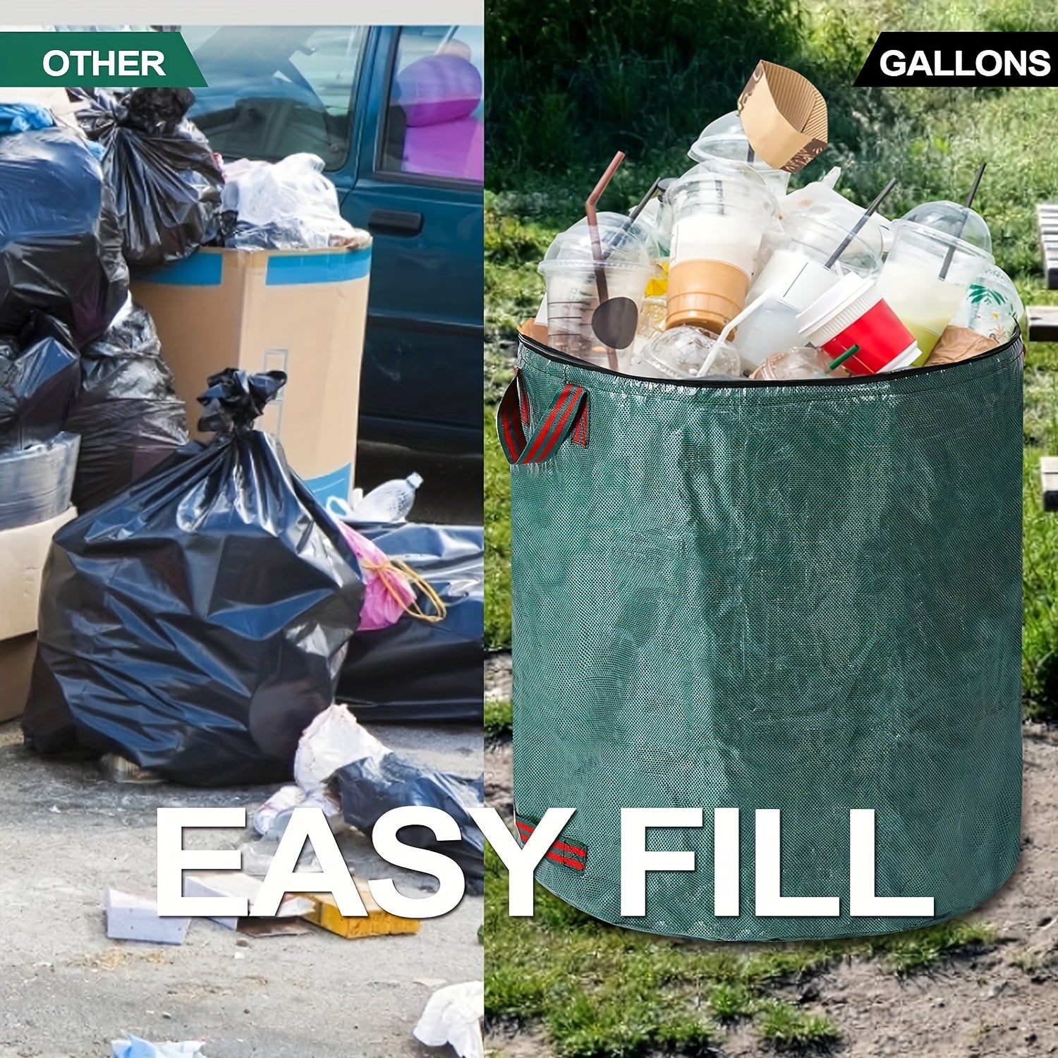 Waterproof Garden Waste Bag 272L with Lid Handles Foldable Green