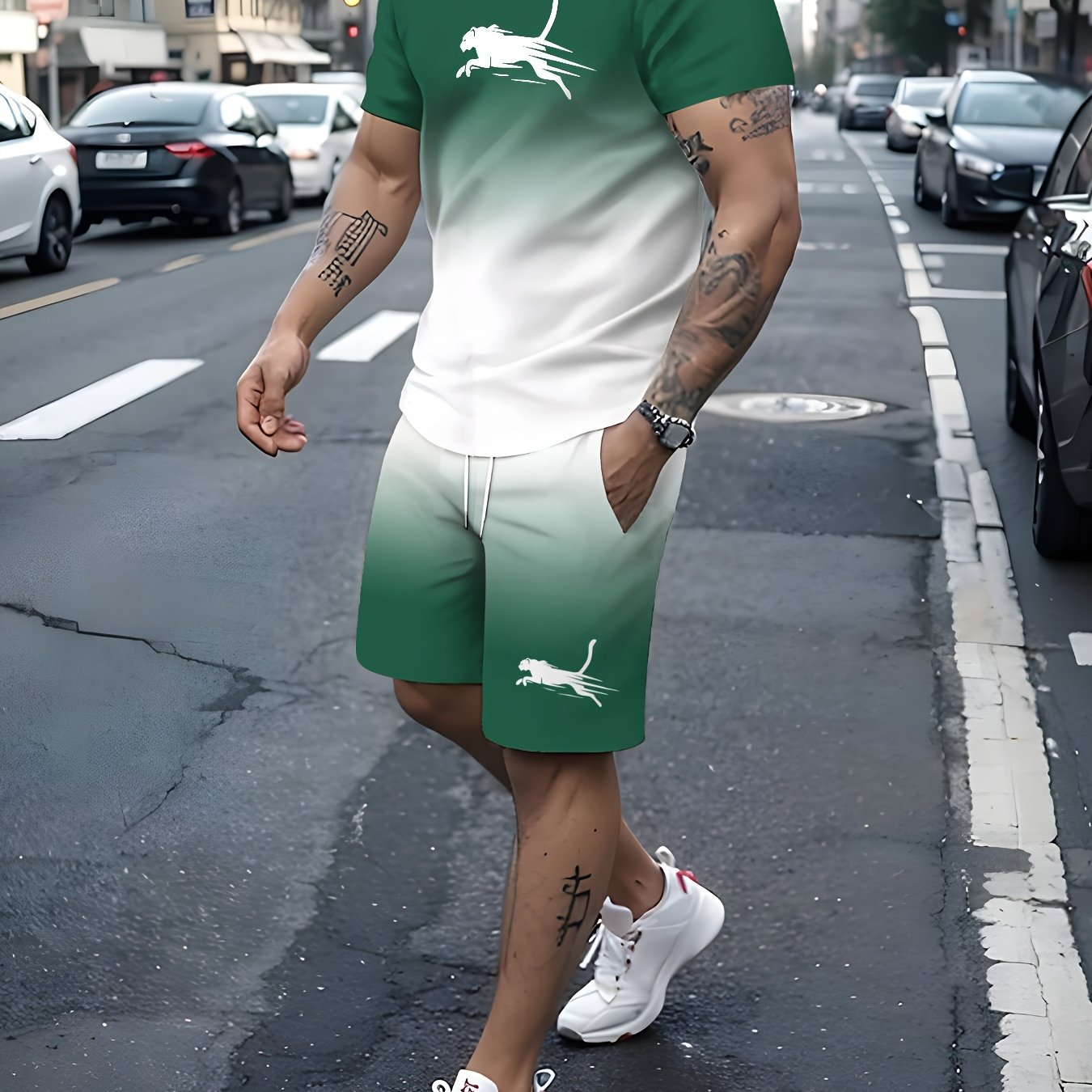 Men's Summer Outfit Set Gradient Pattern Crew Neck T-Shirt Elastic Waist Shorts