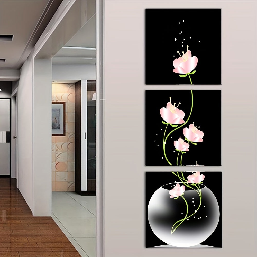 Set of 3 Pink Flower Canvas Wall Art Framesless Floral Landscape Minimalist Decor