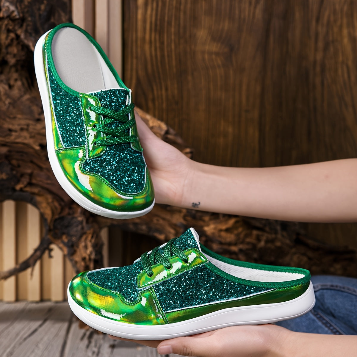 Women's Glitter Sequin Embellished Synthetic Cover Mules Breathable Summer Beach Shoes