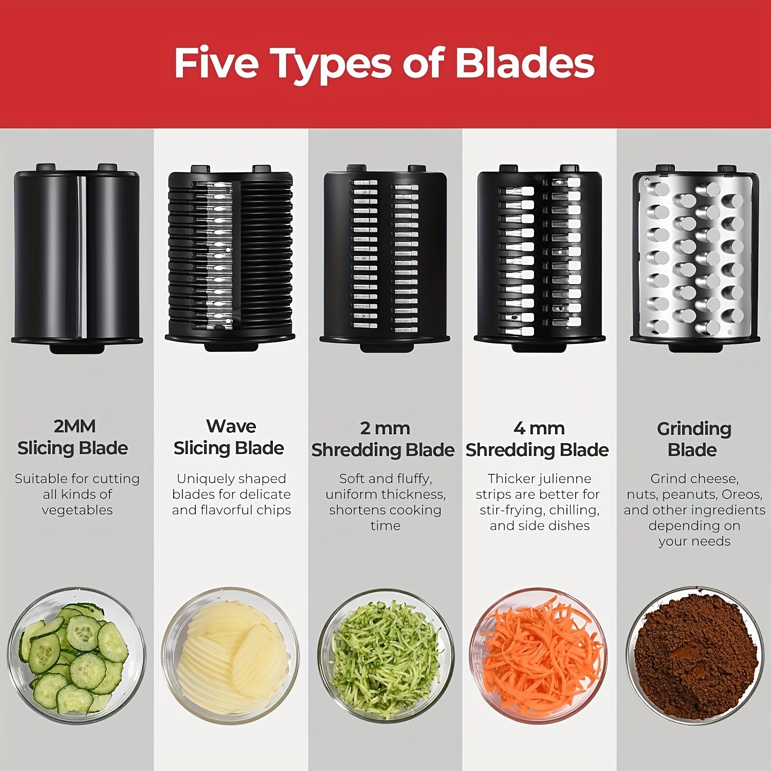 Elektrik Sariyog' va Salat Tayyorlovchi, 5 ta o'zaro almashtiriladigan pichoq bilan, 220-240V zanglamaydigan po'latdan yasalgan kesuvchi, Yevropa standarti rozetkasi, Yuqori tezlik 250RPM, Batareyasiz. Mevalar uchun mos.