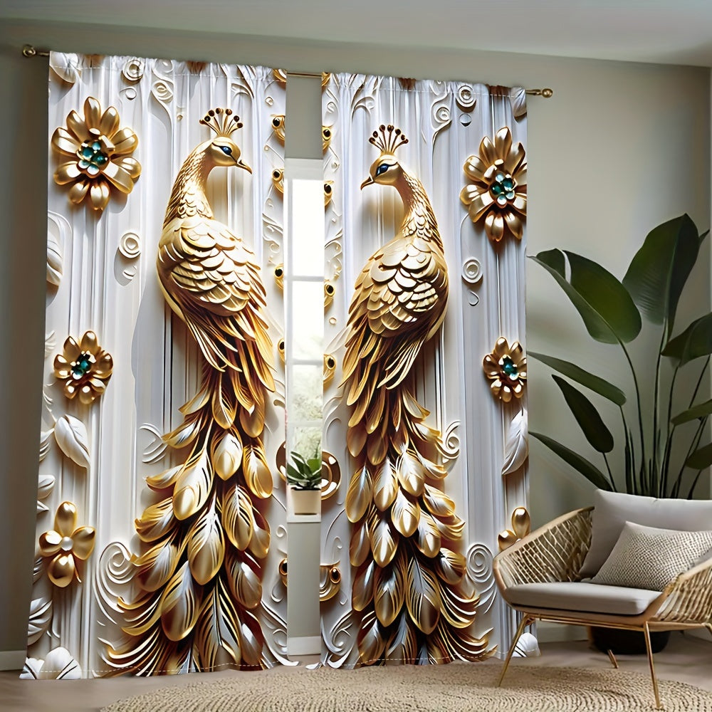 Golden Peacock Floral Print Semi-Sheer Polyester Curtains Rod Pocket for Living Room Bedroom Kitchen