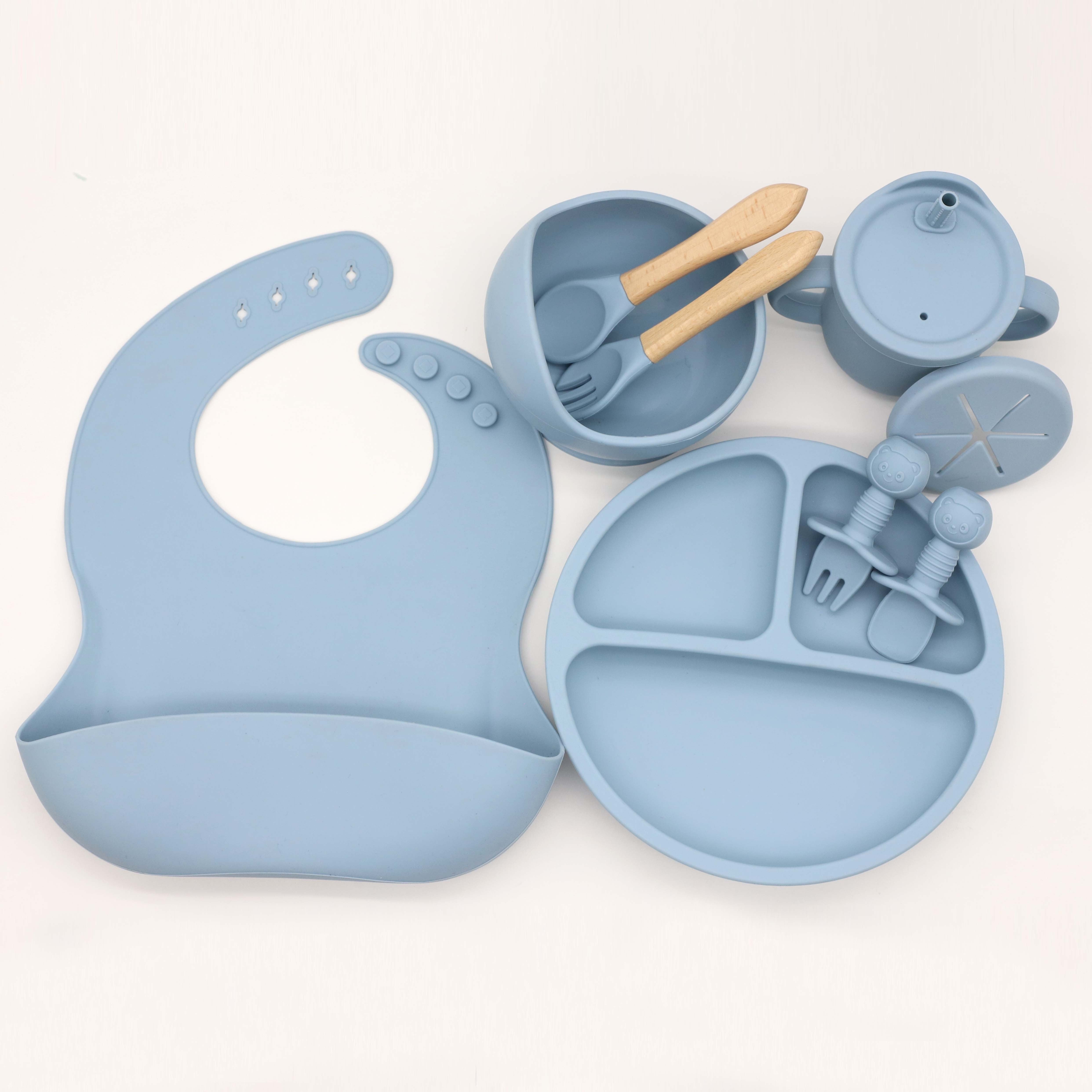 Juego de vajilla de silicona verde de 9 piezas con plato con babero, cuenco, taza y utensilios