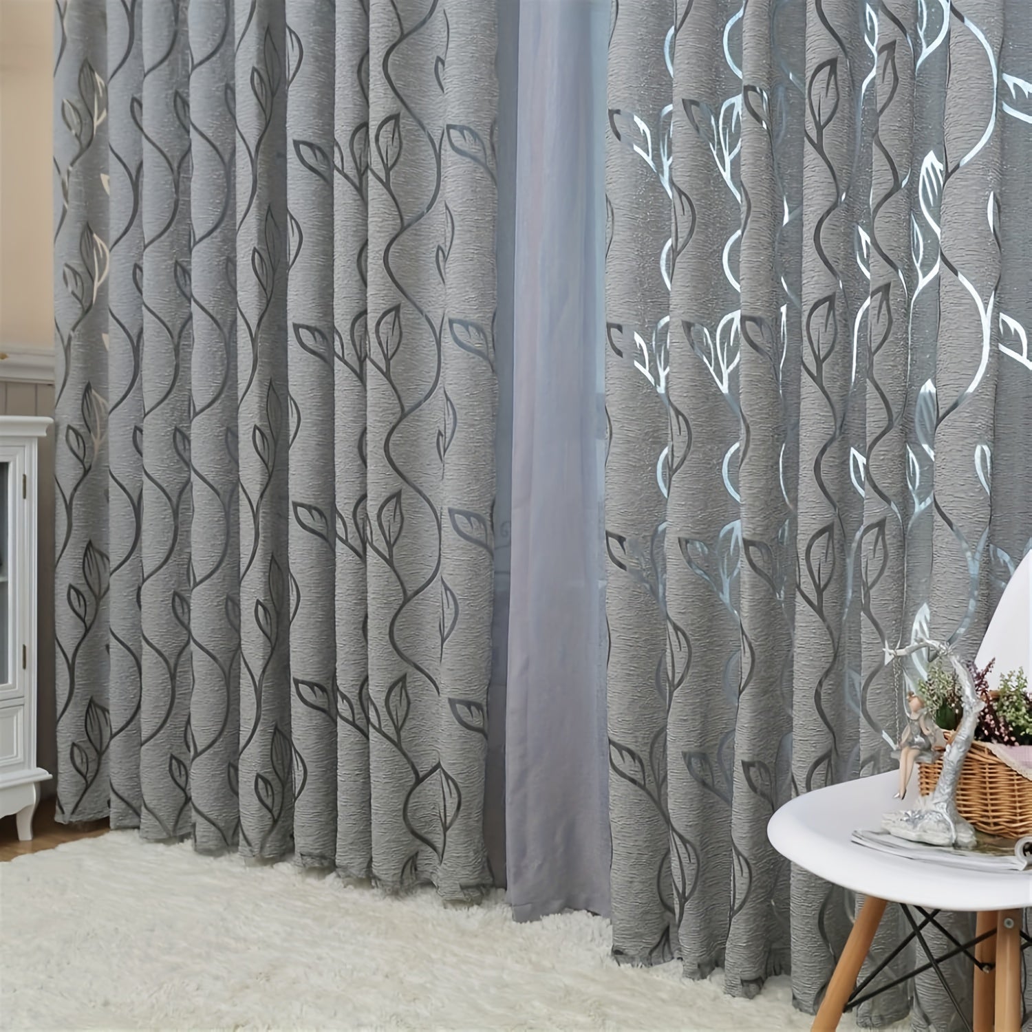 Light Gray Leaf Jacquard Sheer Curtain with Rod Pocket for Bedroom Living Room Office