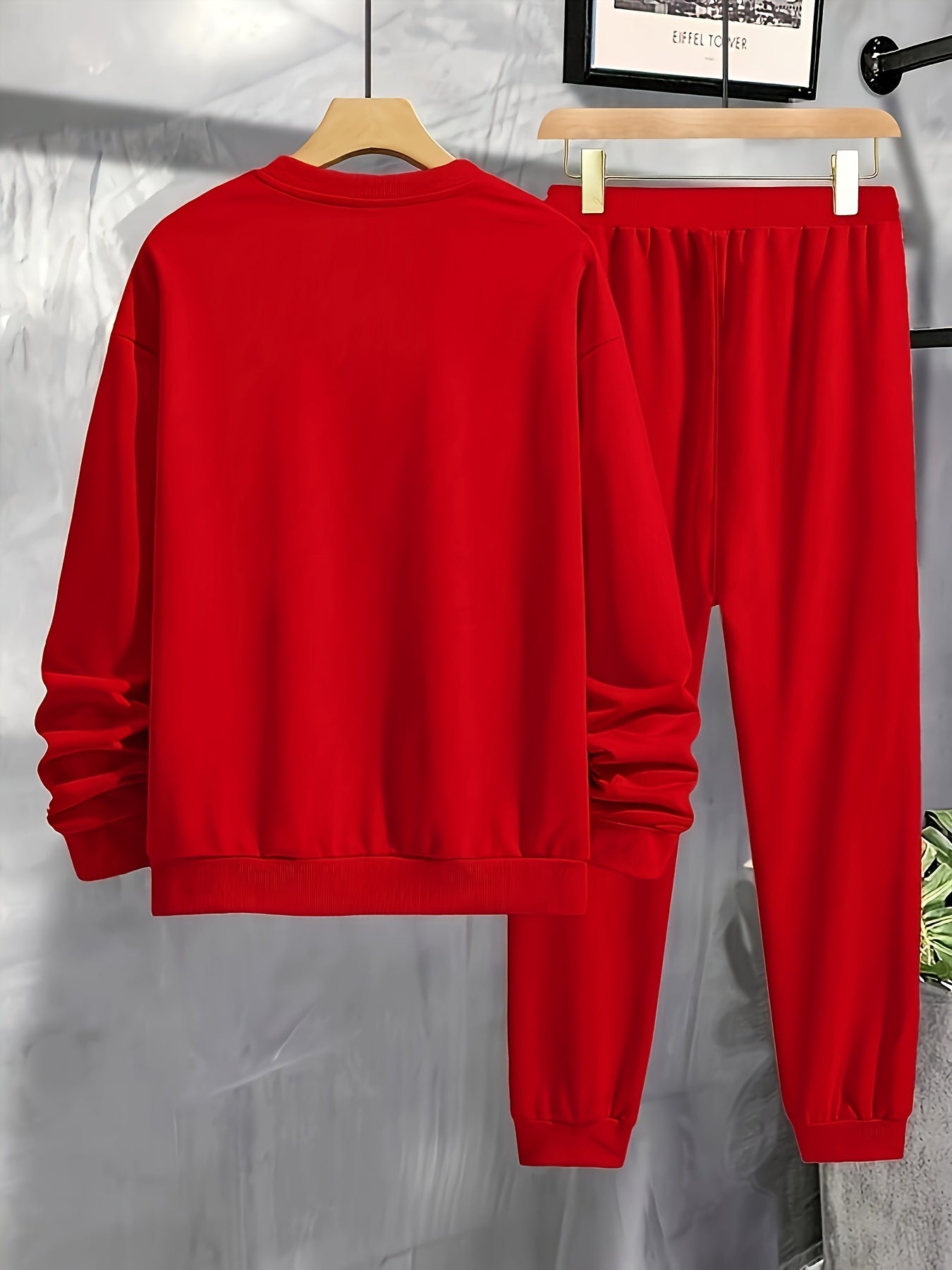 Men's Casual Polyester 2-Piece Pajama Set with Print Design Round Neck Pockets