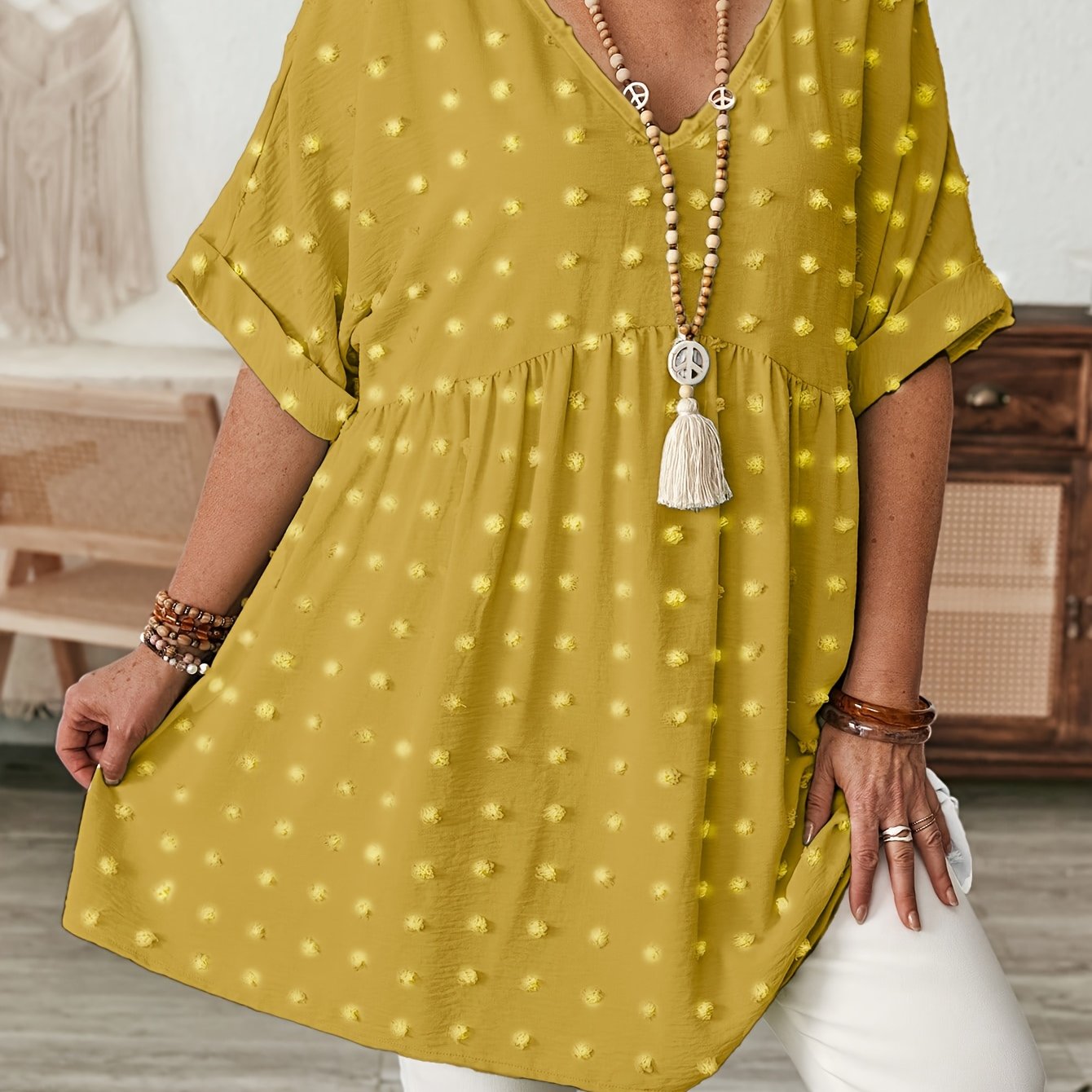 Women's Plus Size V-Neck Batwing Sleeve Blouse Stretchy Polyester Black White Dot