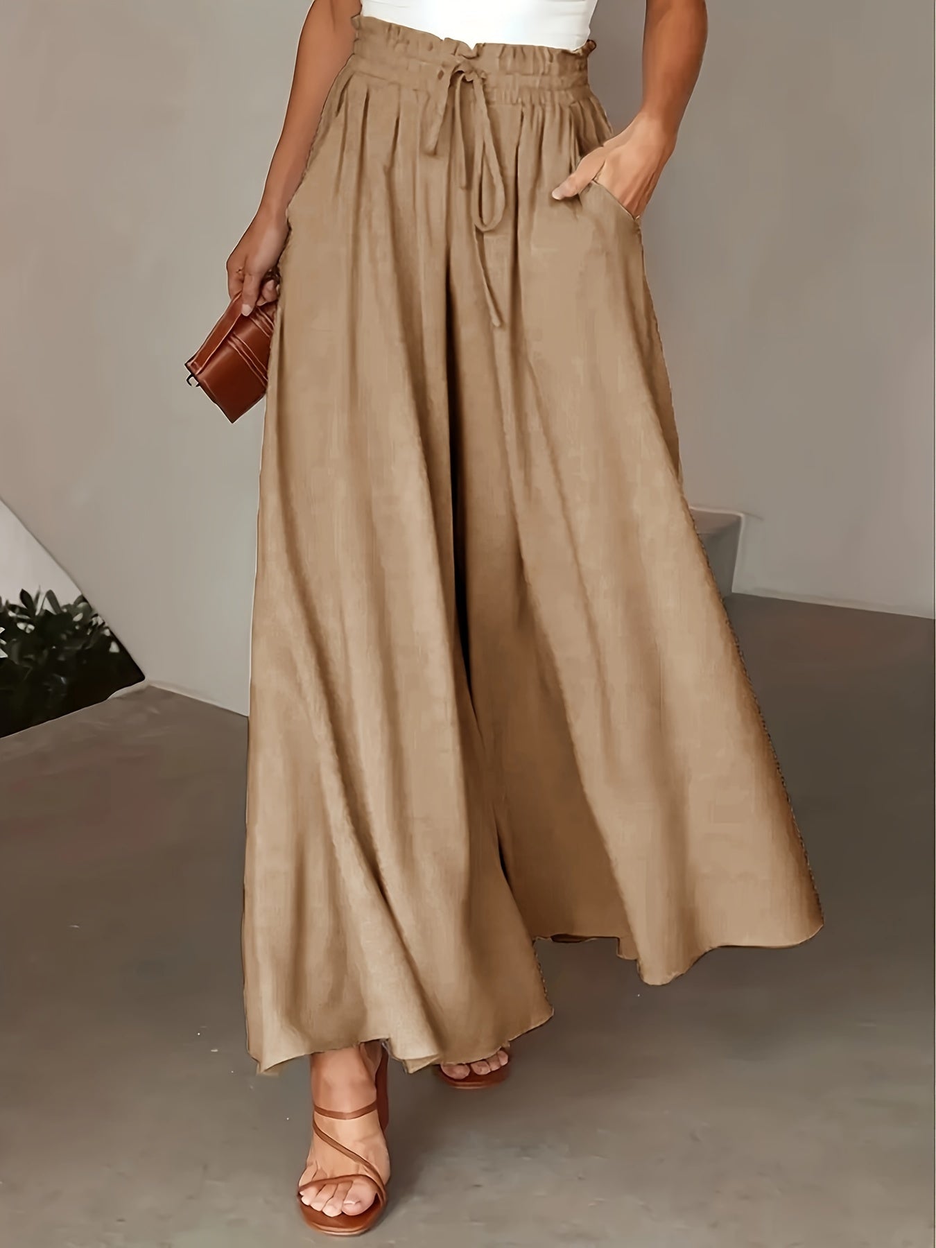 Pantalones de pierna ancha para mujer con cintura elástica y lazo para primavera y verano casual