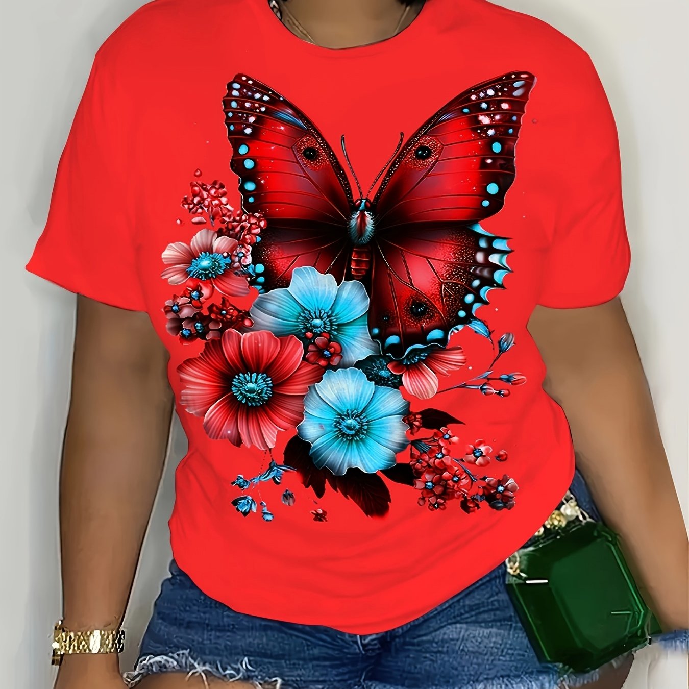 Plus Size Women Floral Print T-Shirt Crew Neck Short Sleeve Summer Top