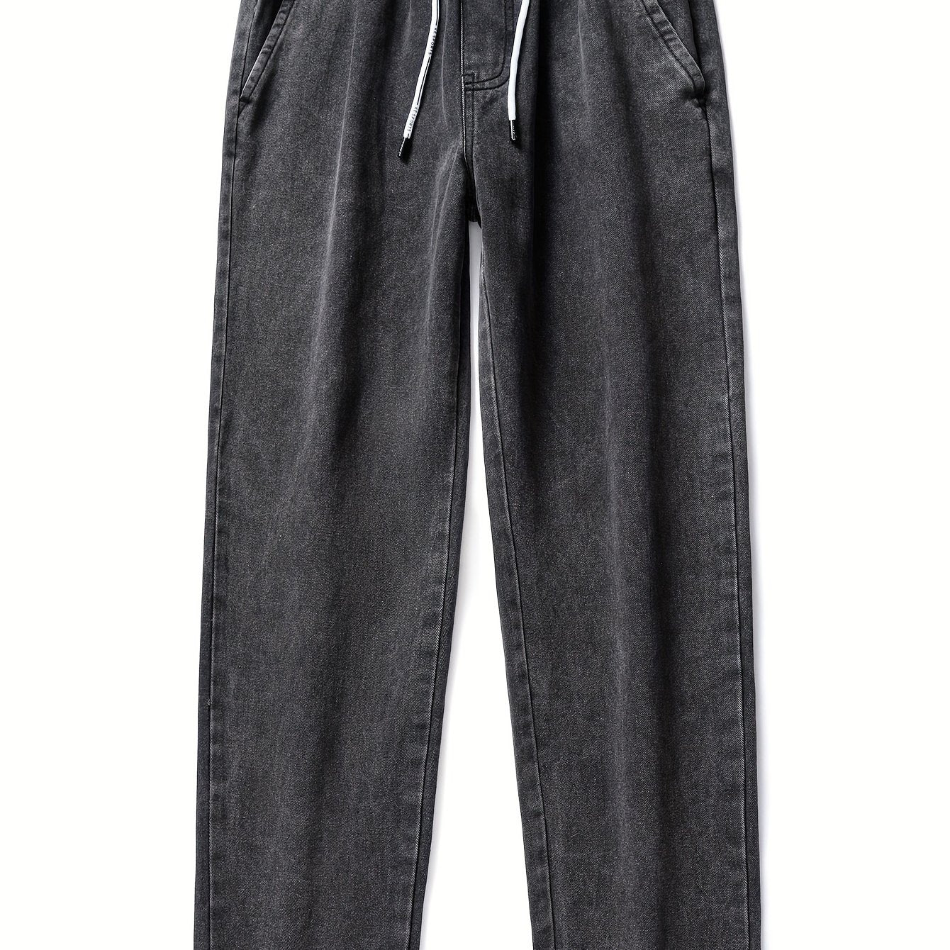Men's Washed Denim Trousers with Pockets and Drawstring Waist for Outdoor Activities