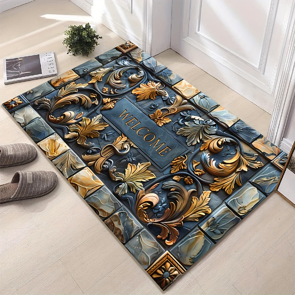 3D Stone Design Welcome Doormat Polyester Non-Slip Indoor Outdoor Rug