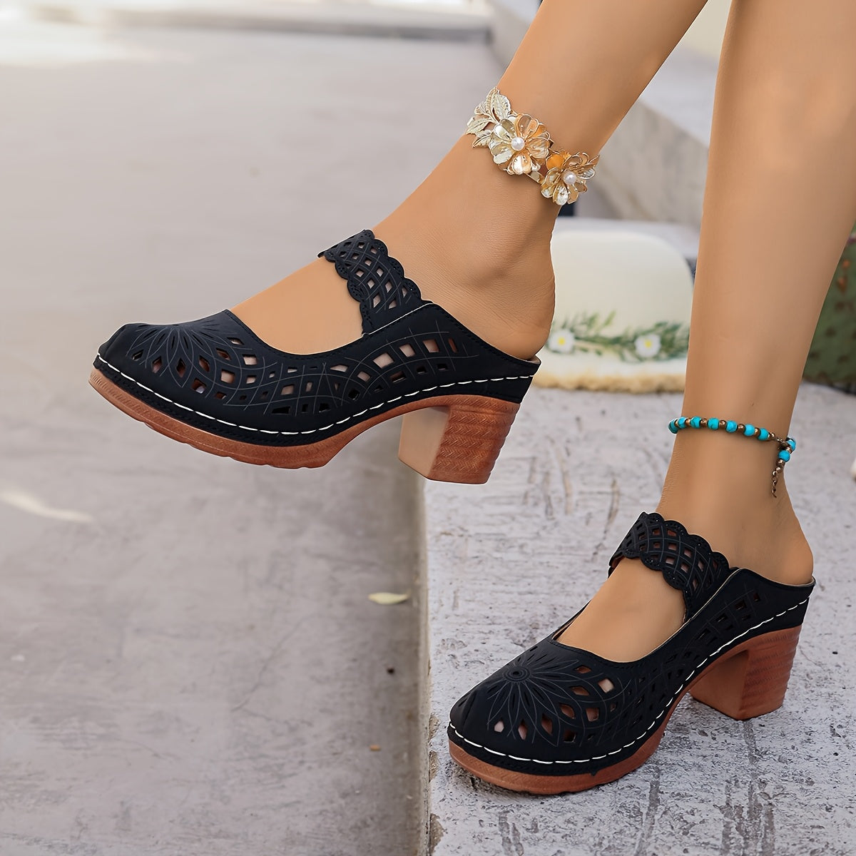 Women's Large Size Slip-On High-Heeled Sandals Solid Color Comfortable