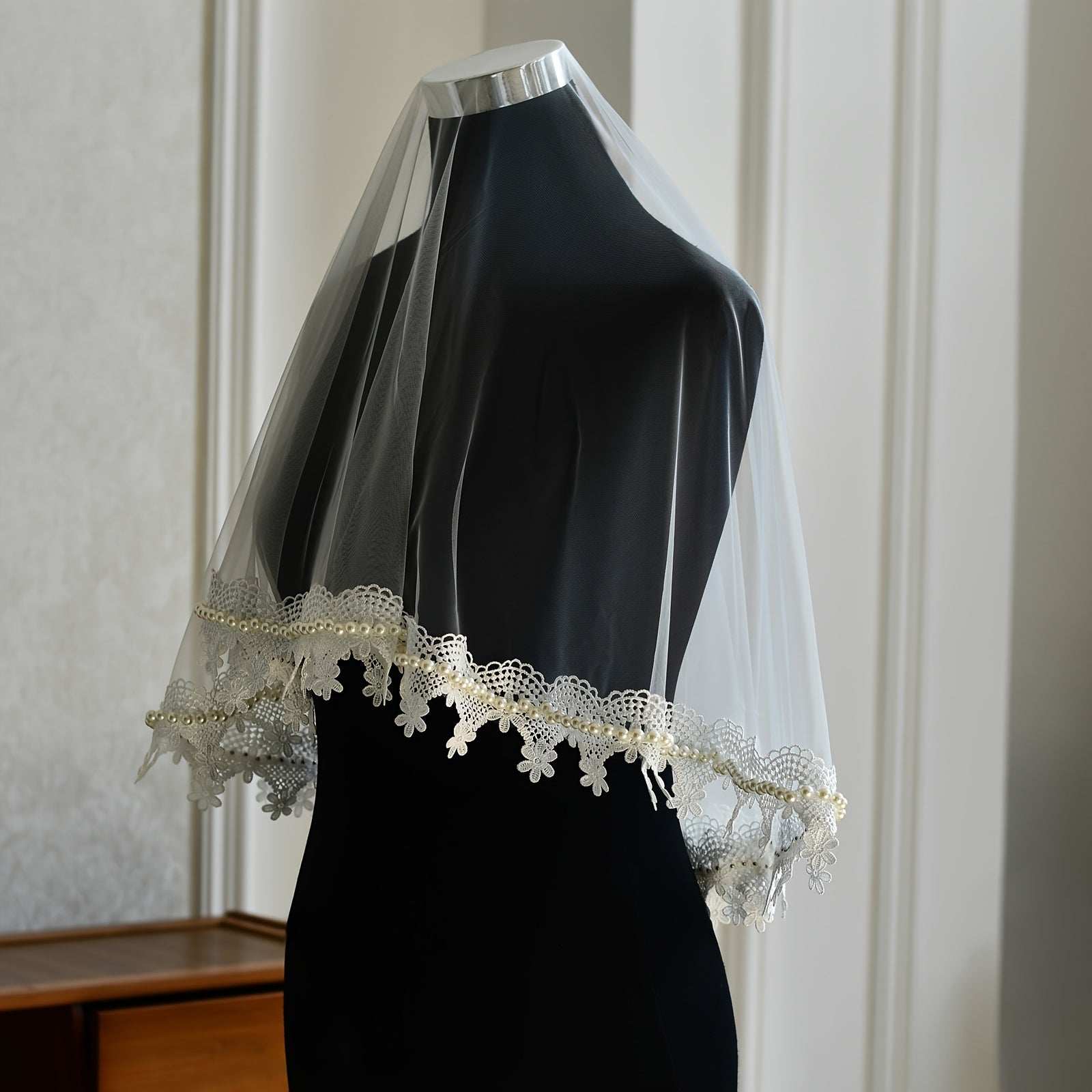 Bridal Lace Veil Wedding Dress Hair Accessories Single Layer Beaded Detail