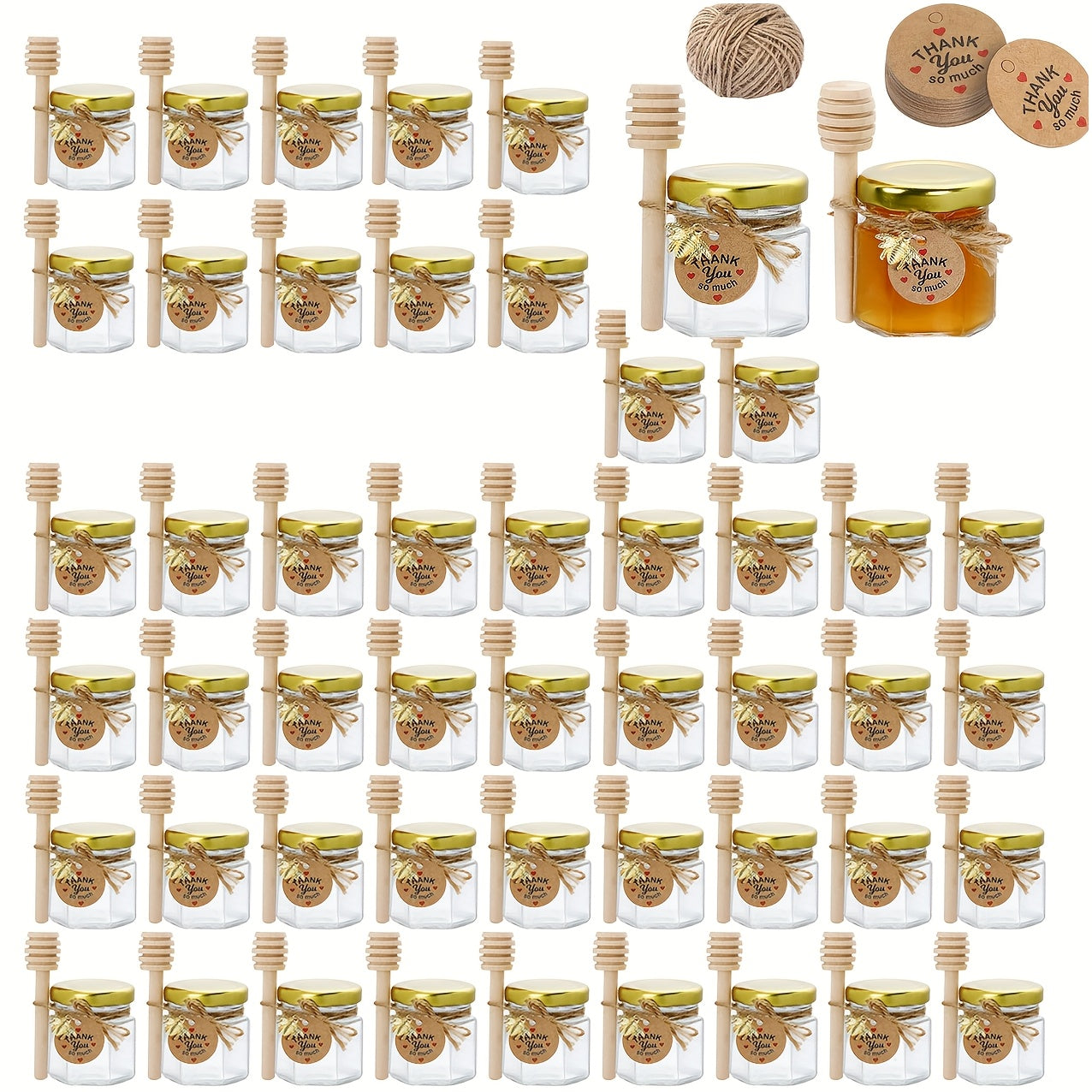 Small Hexagonal Glass Honey Jars 1.5 oz Sets of 20 30 50 or 60 with Spoons Bee Symbols and Thank You Cards