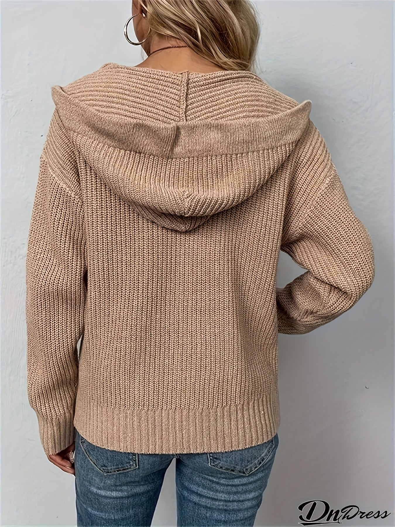 Plus Size Knitted Hoodie Cardigan with Zipper Long Sleeve Fall Winter Women's
