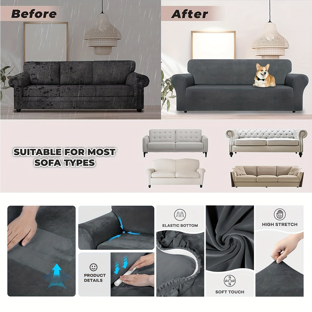 Velvet Sofa Cover Elastic Bottom All Seasons Pet Scratch Protection