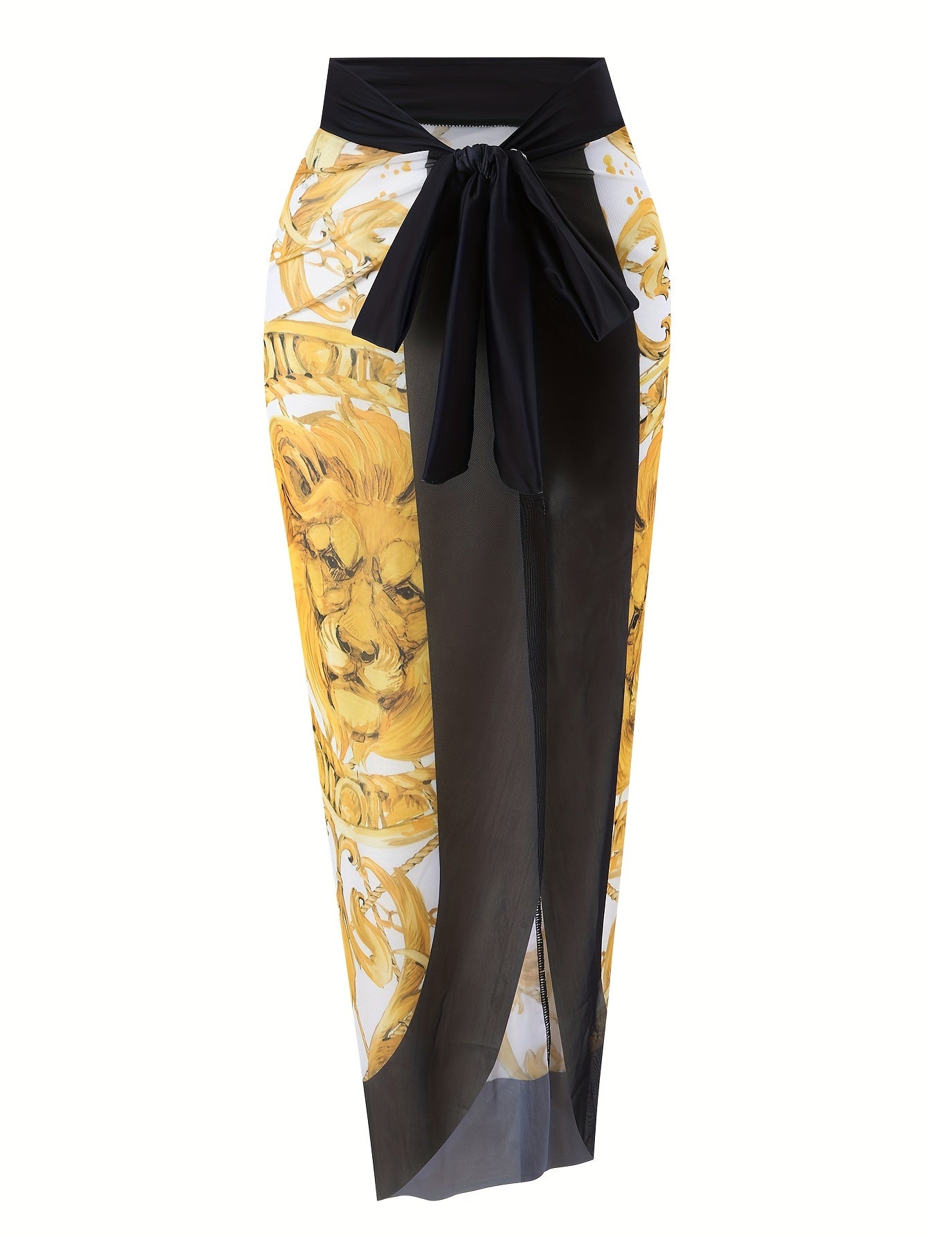 Golden Tone Lion Print Two-Piece Swimsuit with Bowknot Shoulder and Mesh Cover Up