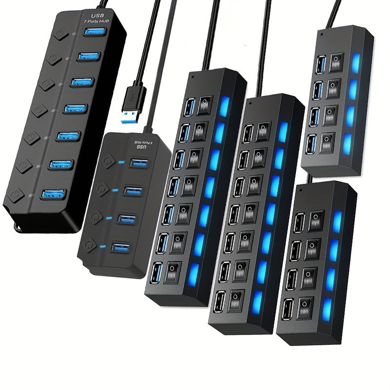 USB Hub with 4 or 7 Ports LED Light and Power Switch for PC Laptop