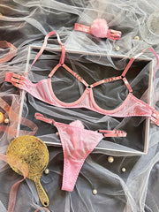 Women's Mesh Lingerie Set with Open Bust Bra and Pompom Thong