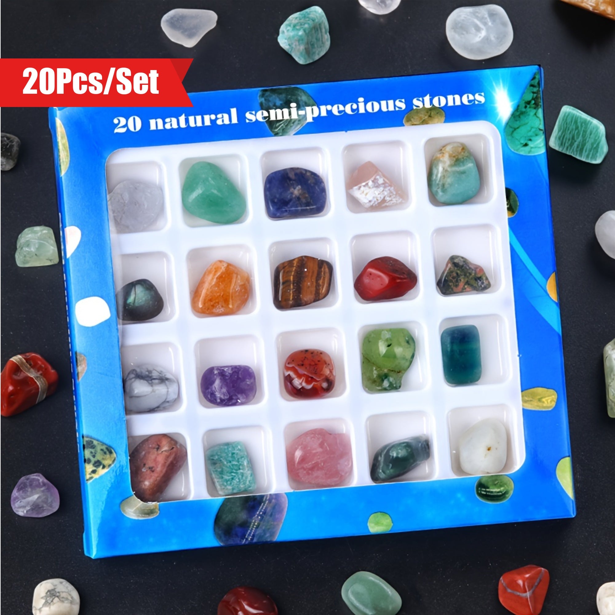 Caja de regalo de piedra natural con 20 piezas para educación científica y decoración