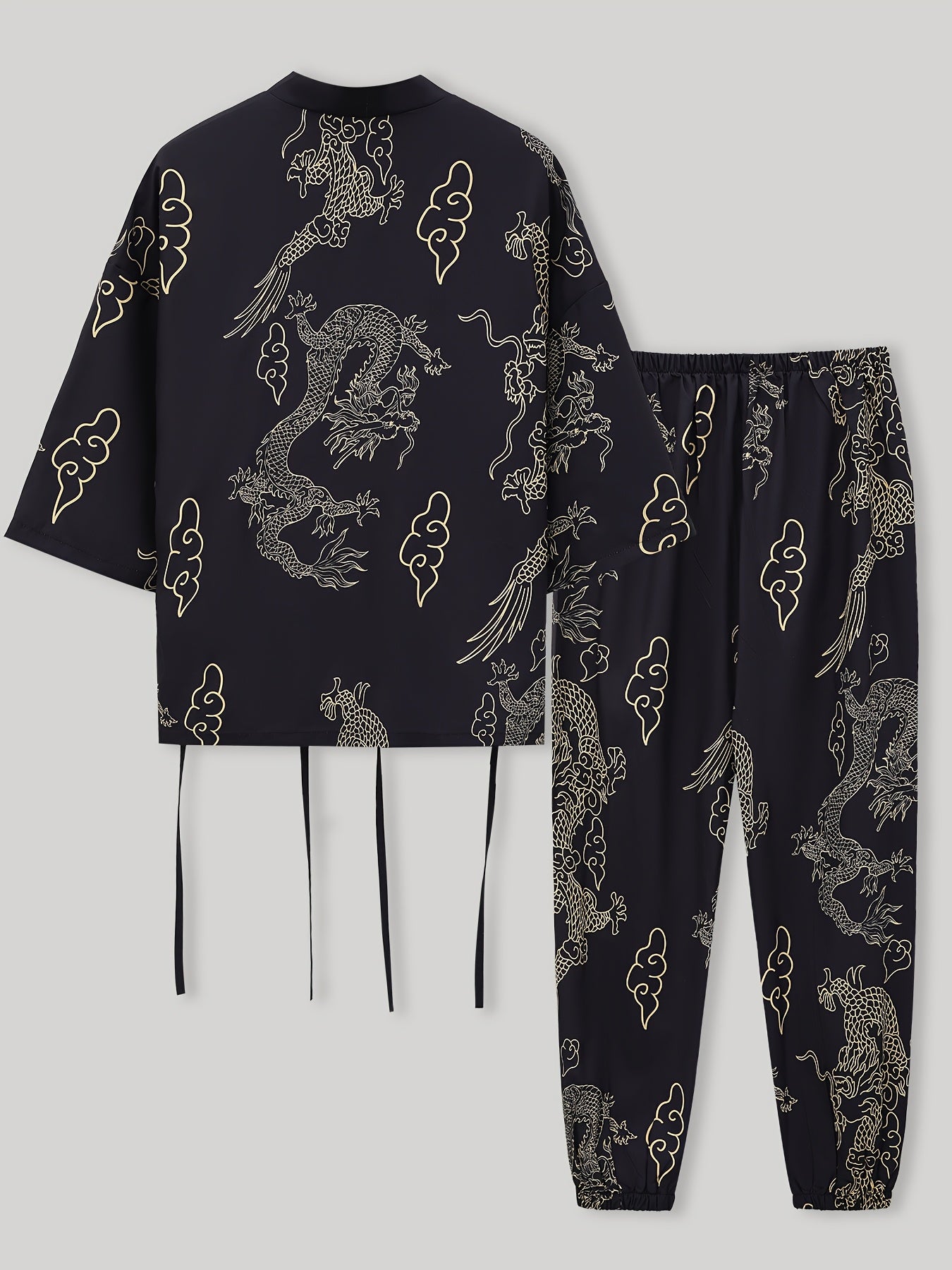 Men's Dragon Print Pajama Set Breathable Polyester Japanese-Inspired Casual Loungewear