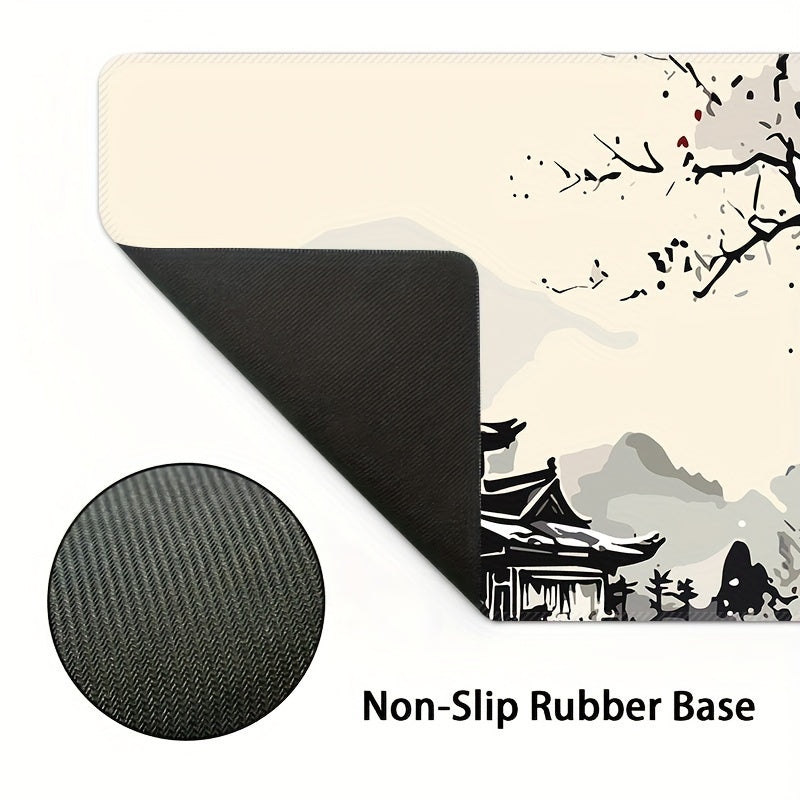 Large Gaming Mouse Pad Washable Non-Slip Rubber Desk Mat Japanese Ink Landscape Design Cherry Blossoms Mountain Scenery