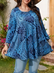 Plus Size Women's T-Shirt with Leaf Print Crew Neck Long Sleeve Stretchy Polyester