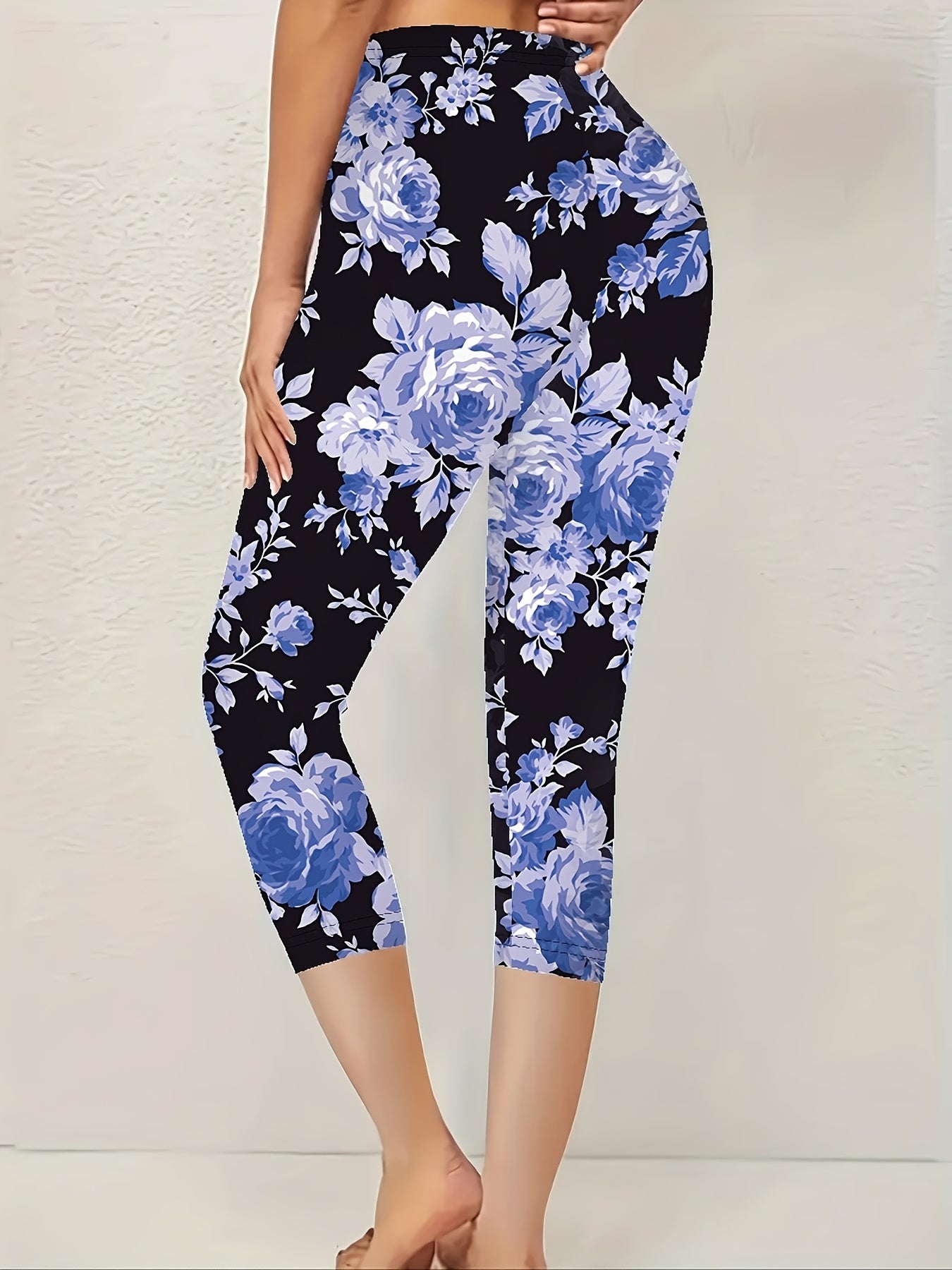 Women's Black Floral Print Slim-Fit Capri Pants with Blue Roses